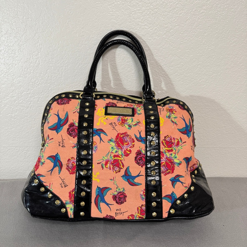 Betsey Johnson Satchel Bag Large Pink Floral Bird Studded Rockabilly Tote Purse